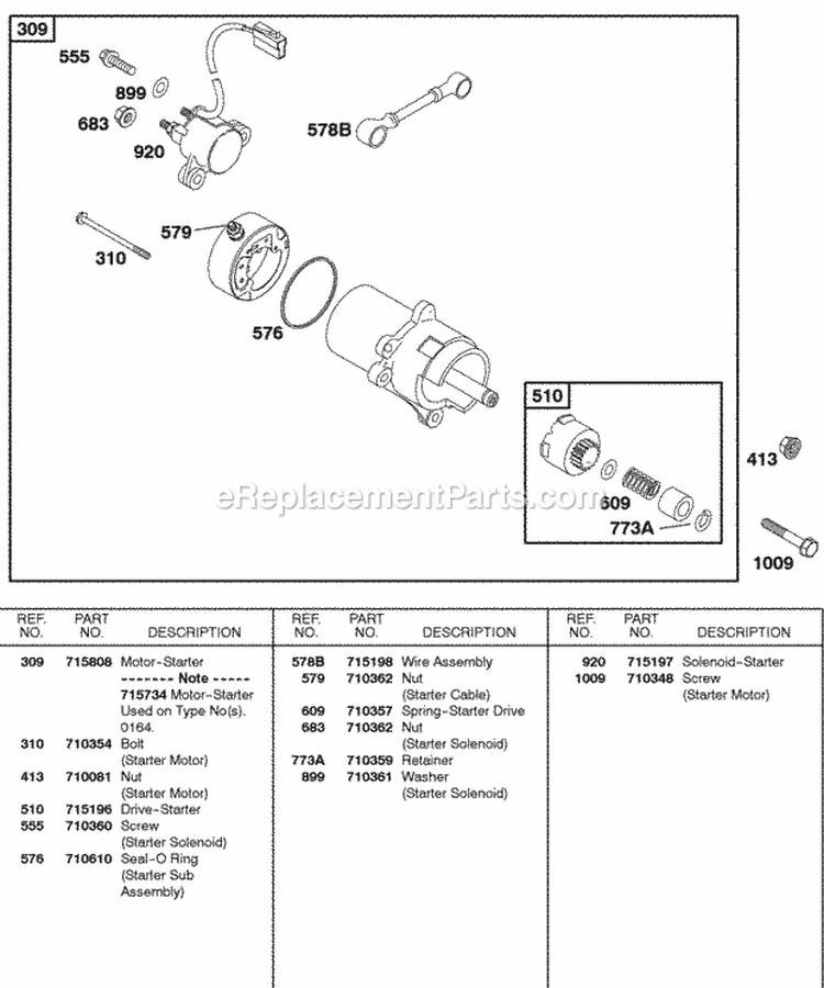 Electric Starter Diagram and Parts List for 185432-0571-E1  Briggs and Stratton Engine